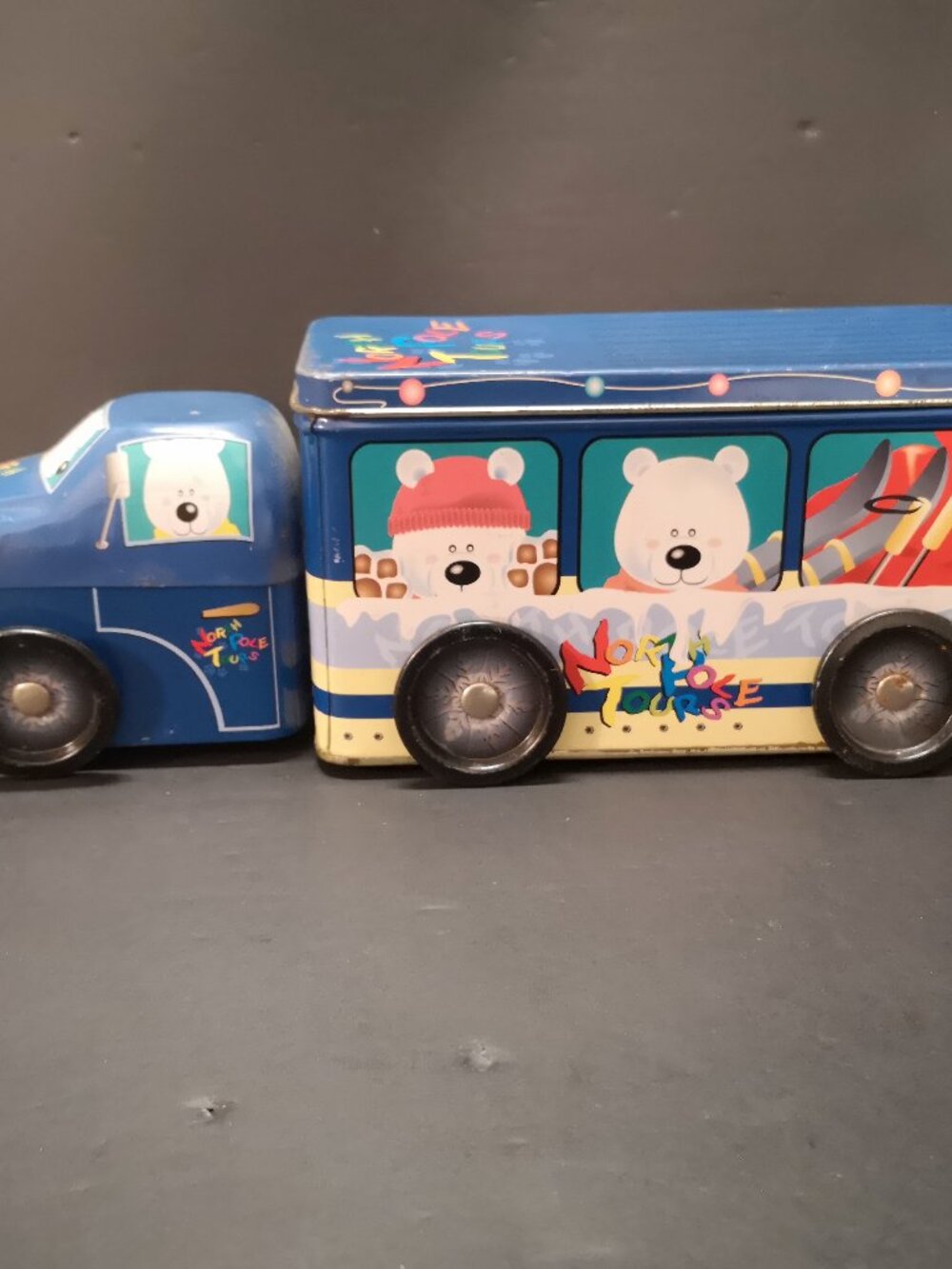 Vintage "North Pole Tours" Tin Can w/ 2 Sections & Lids 10" Long Wheels Turn